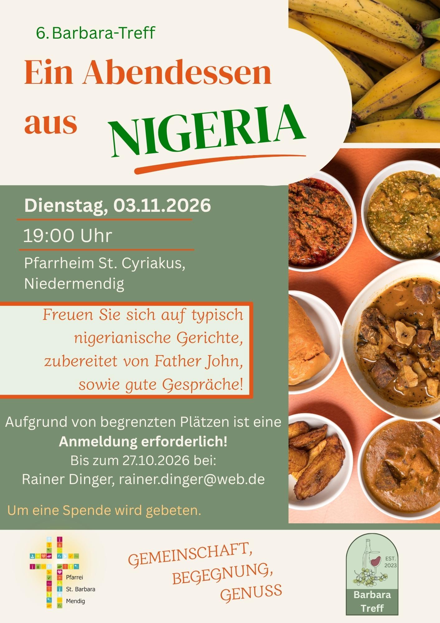 Gemeinschaft, Begegnung und Genuss in Mendig: 6. Barbara-Treff: Ein Abendessen aus Nigeria